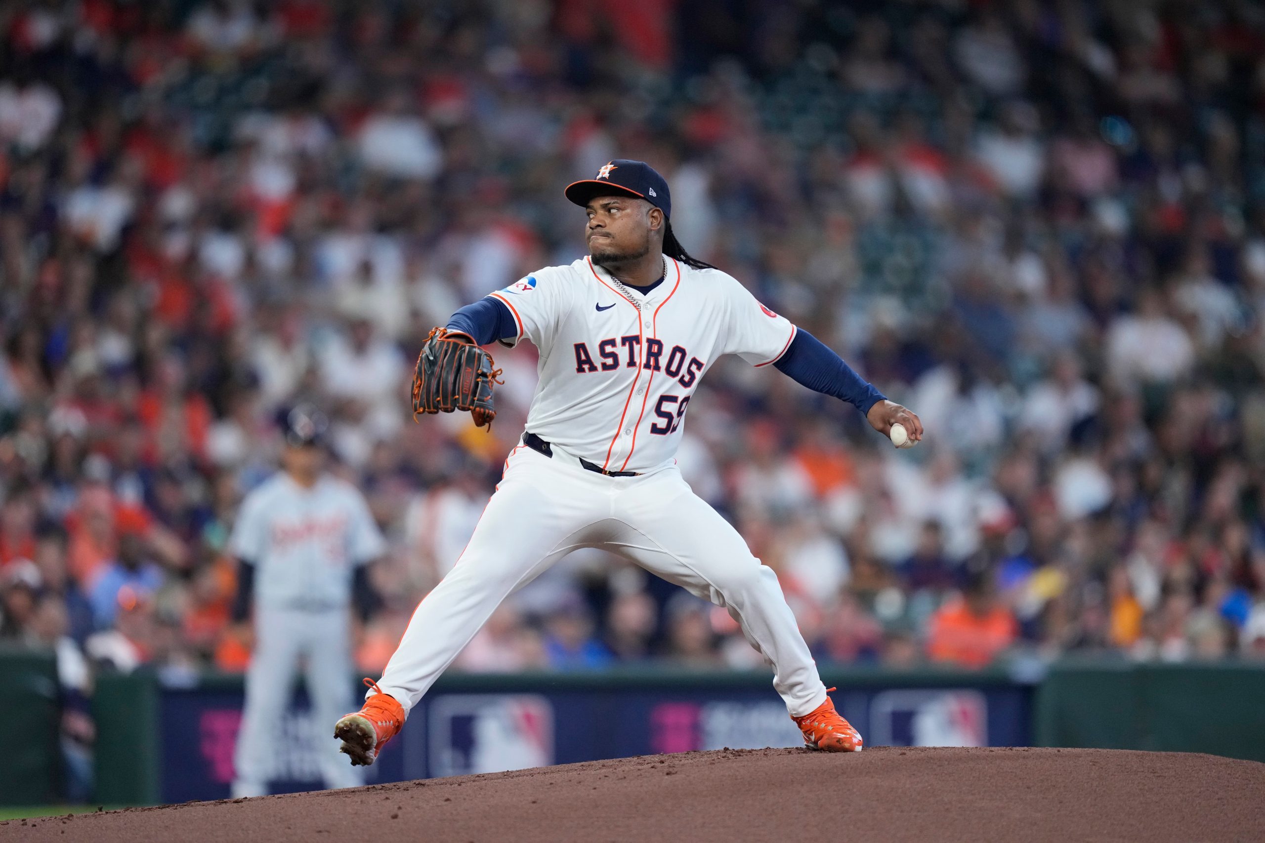 Framber Valdez of the Houston Astros throws a pitch during the AL Wild Card Series against the Detroit Tigers on October 1, 2024.