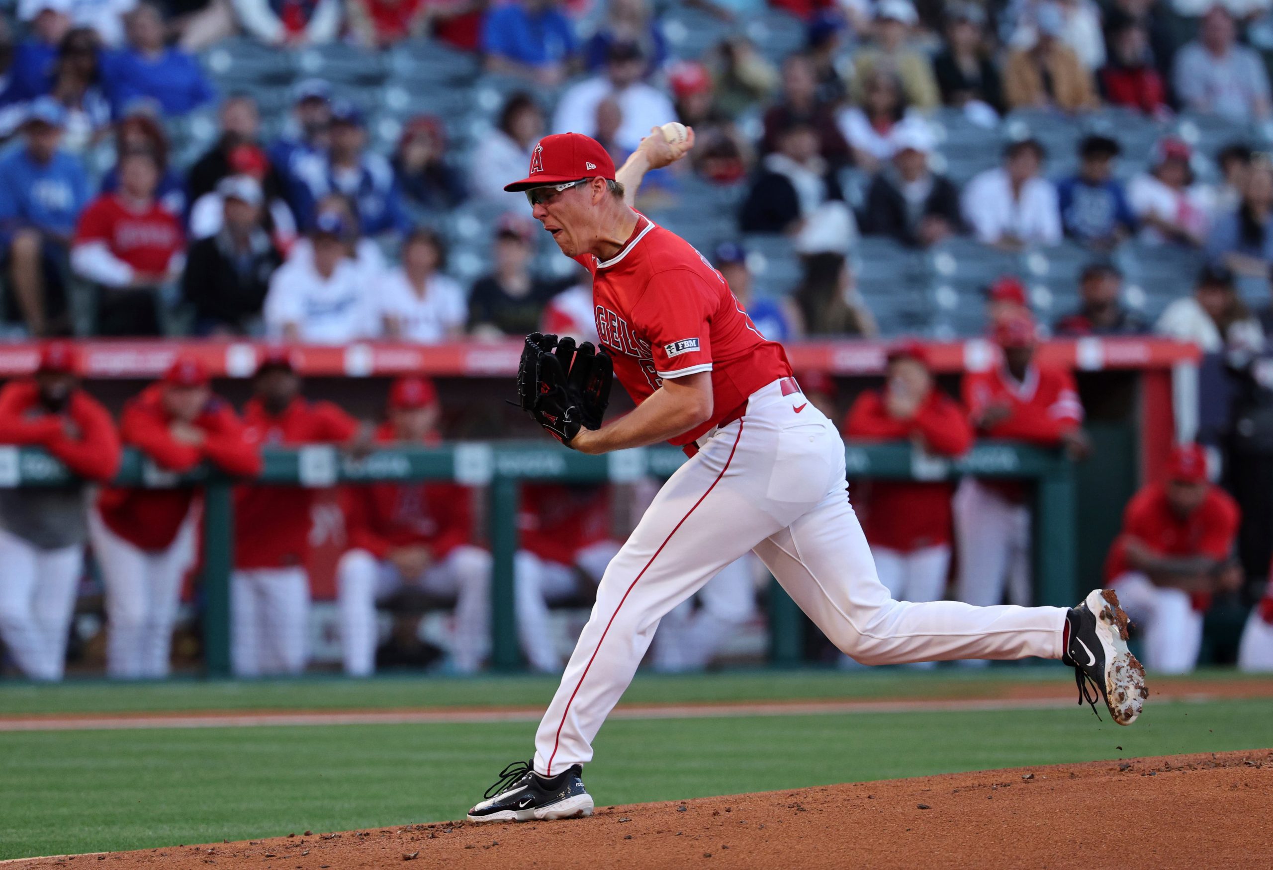 Los Angeles Angels pitcher Ryan Johnson throws during a spring training game against the Dodgers on March 24, 2025