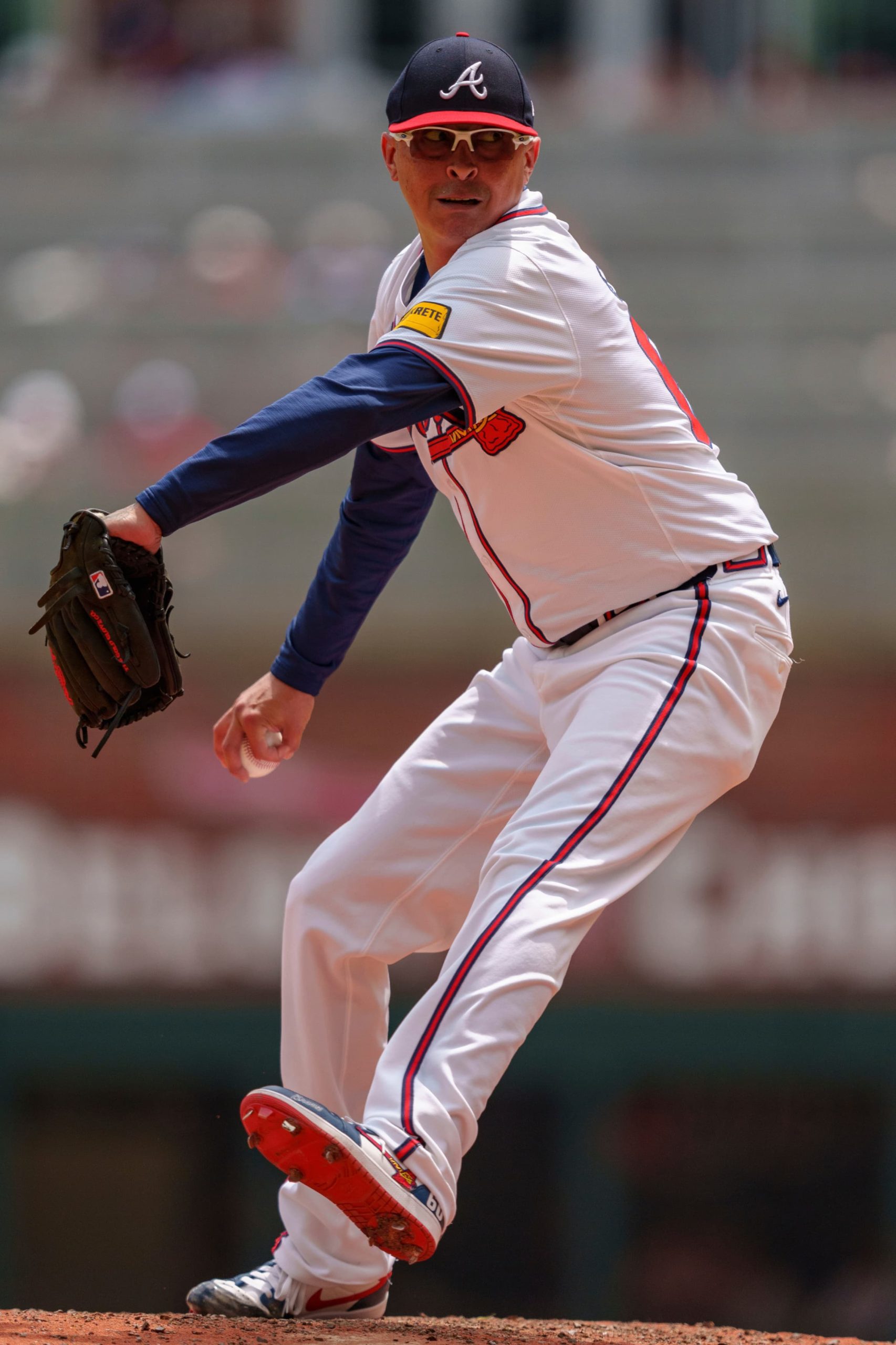 Atlanta Braves right-handed pitcher Jesse Chavez delivers a pitch during a game in a previous season. Chavez rejoined Atlanta in 2025 for his fifth stint with the club before electing free agency.