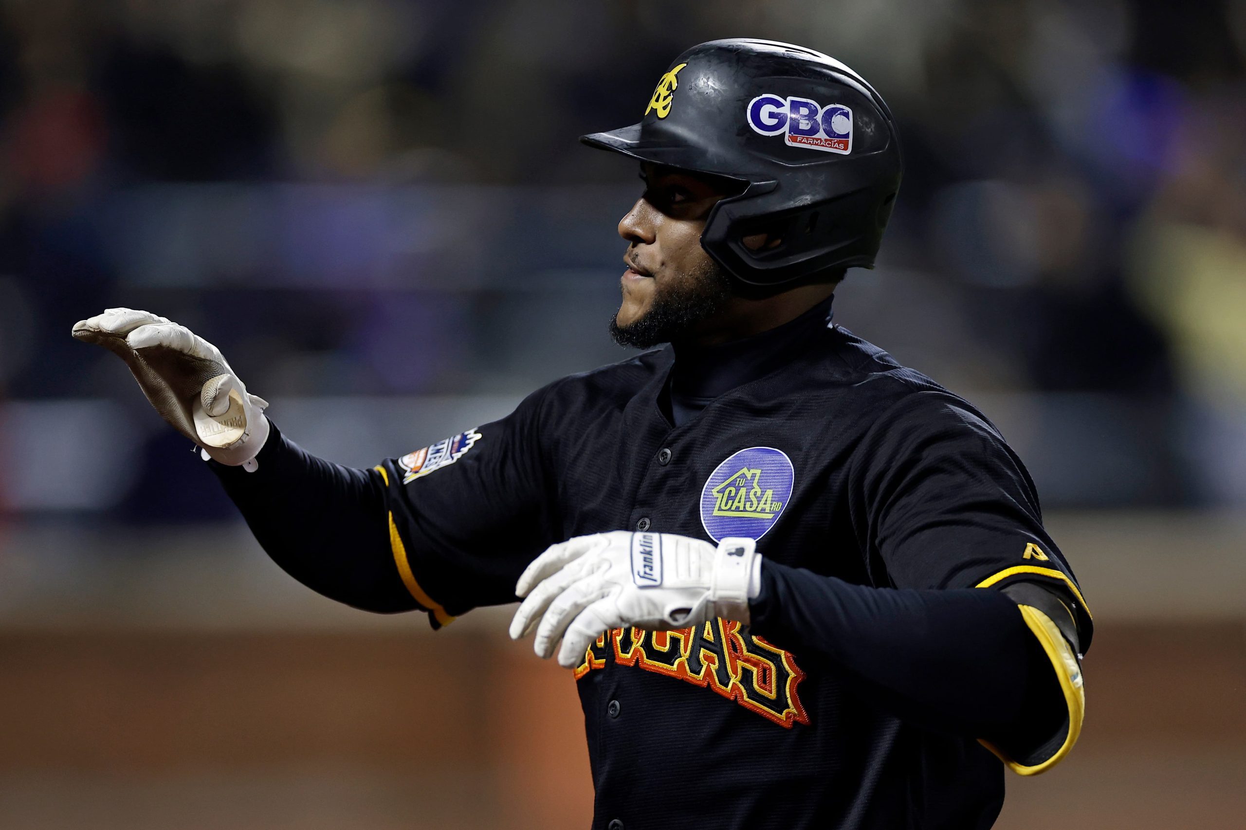 Alexander Canario of Águilas Cibaeñas reacts after a sacrifice fly during a Dominican Winter League game at Yankee Stadium, November 10, 2023