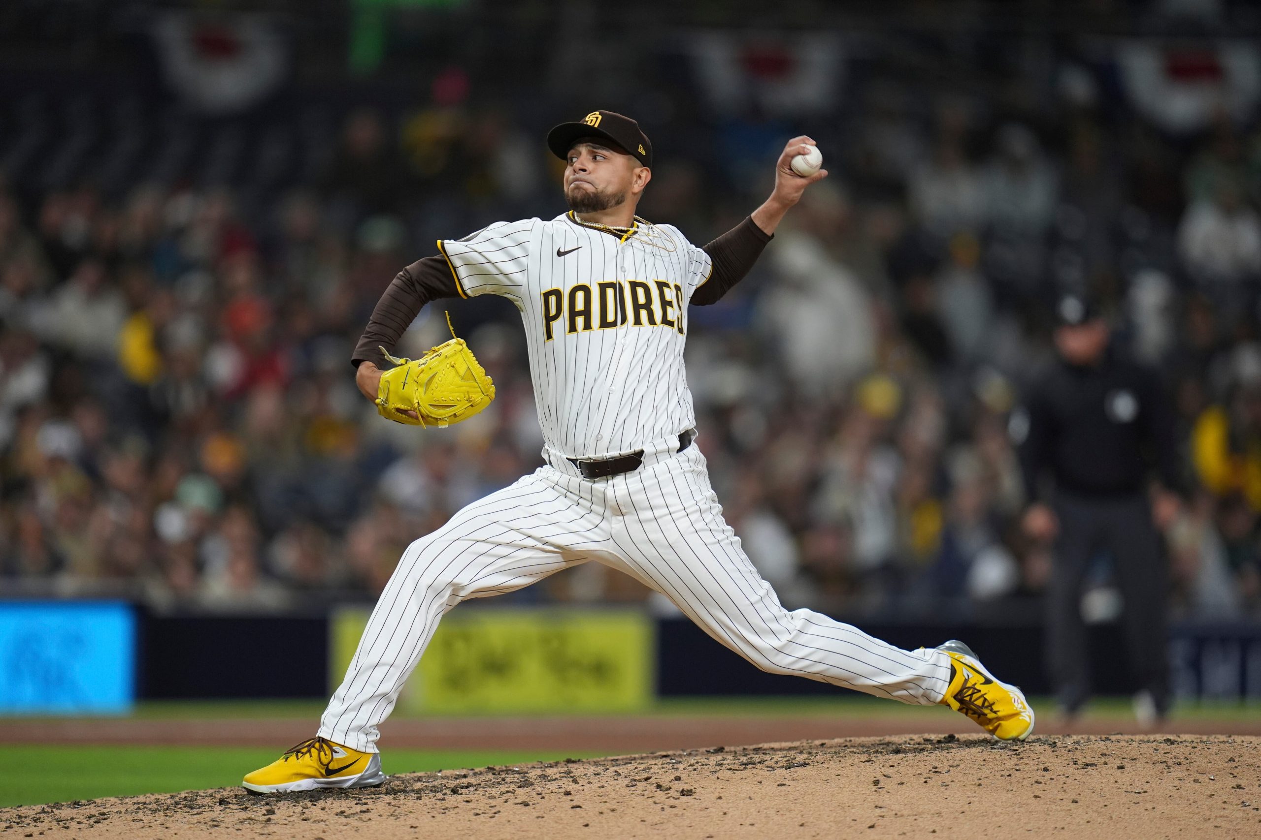 San Diego Padres pitcher Omar Cruz throws during his MLB debut in the ninth inning against the Cleveland Guardians on April 1, 2025, at Petco Park.