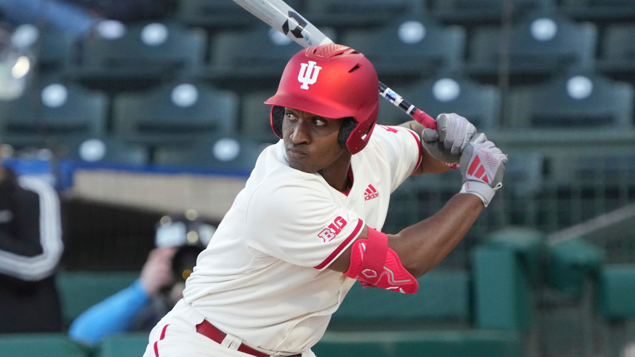 Indiana outfielder Devin Taylor (5) during an NCAA baseball game against Xavier on Saturday, Feb. 15, 2025, in Surprise, Ariz.