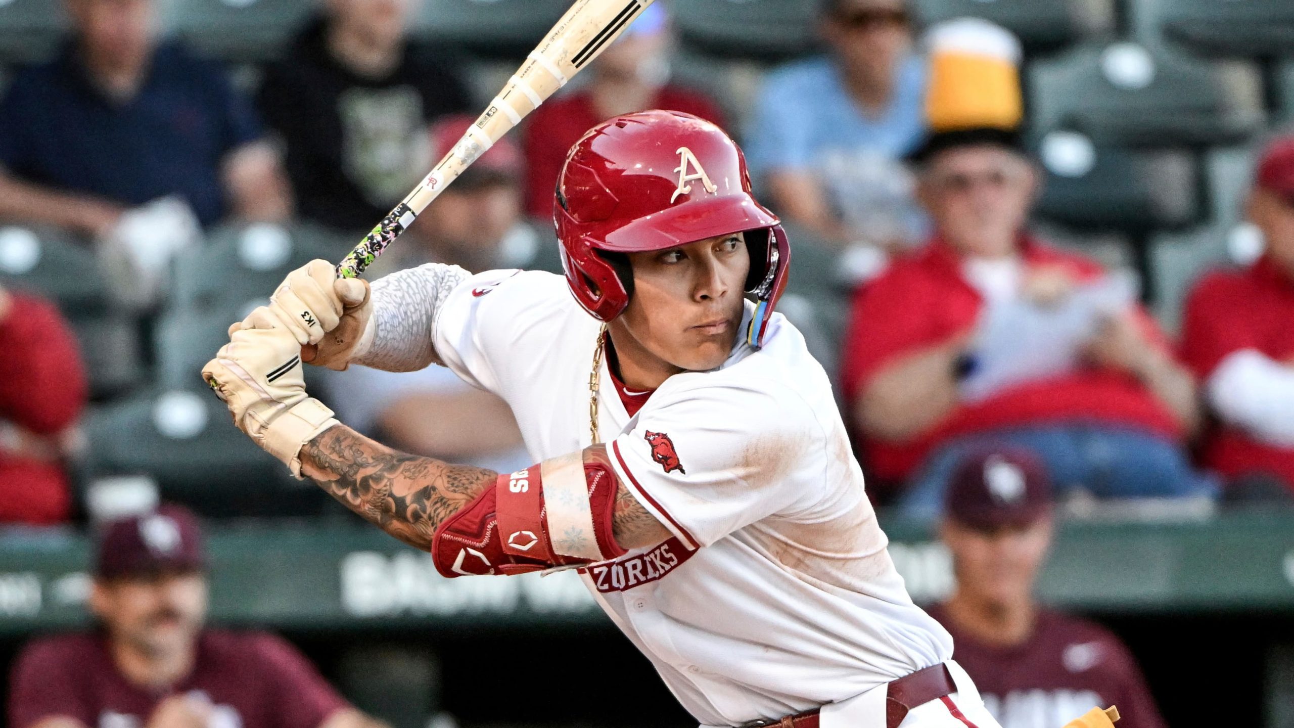 Arkansas batter Wehiwa Aloy (9) against Little Rock during an NCAA baseball game on Tuesday, April 22, 2025, in Fayetteville, Ark.