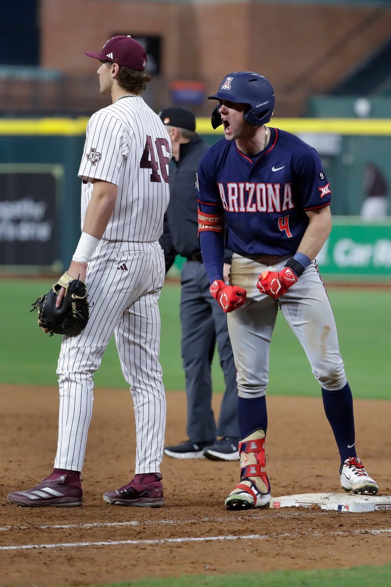 Arizona's Brendan Summerhill (4) celebrates his go-ahead one-run RBI single next to Texas A&M first baseman Blake Binderup (46) during an NCAA baseball game on Friday, Feb. 28, 2025, in Houston.