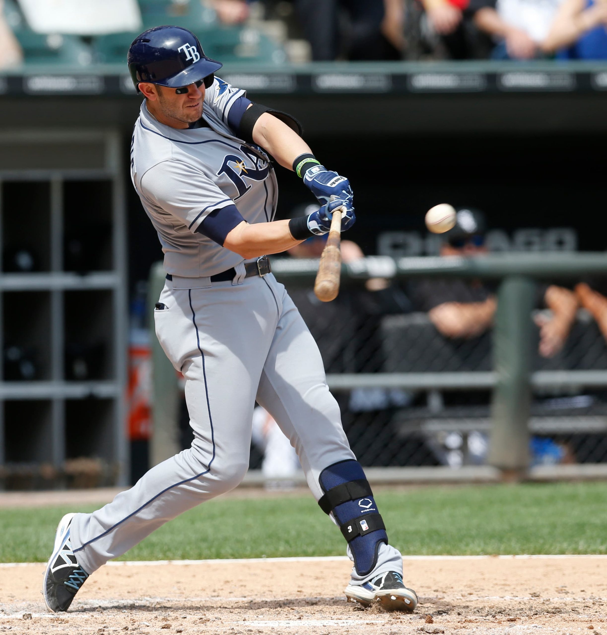 Tampa Bay Rays' Evan Longoria hits a home run off Chicago White Sox starting pitcher Carlos Rodon during the fifth inning of a baseball game Wednesday, Aug. 5, 2015, in Chicago.