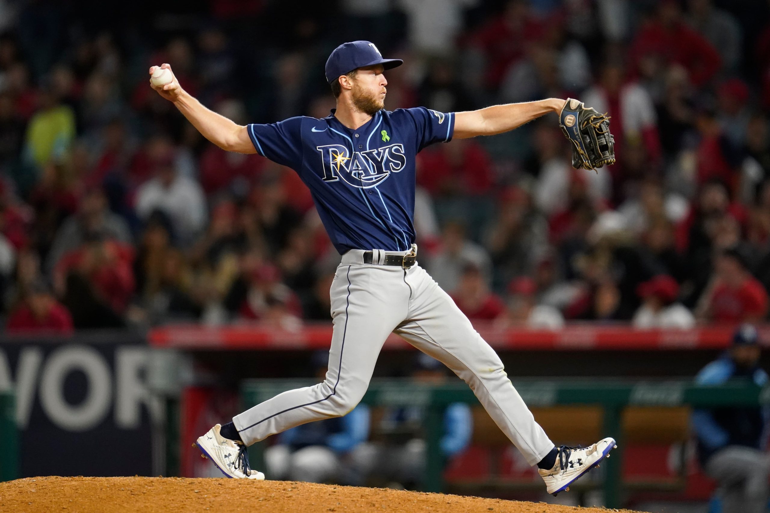 Tampa Bay Rays relief pitcher Brett Phillips (35) throws during the eighth inning of a baseball game against the Los Angeles Angels in Anaheim, Calif., Tuesday, May 10, 2022. (AP Photo/Ashley Landis)