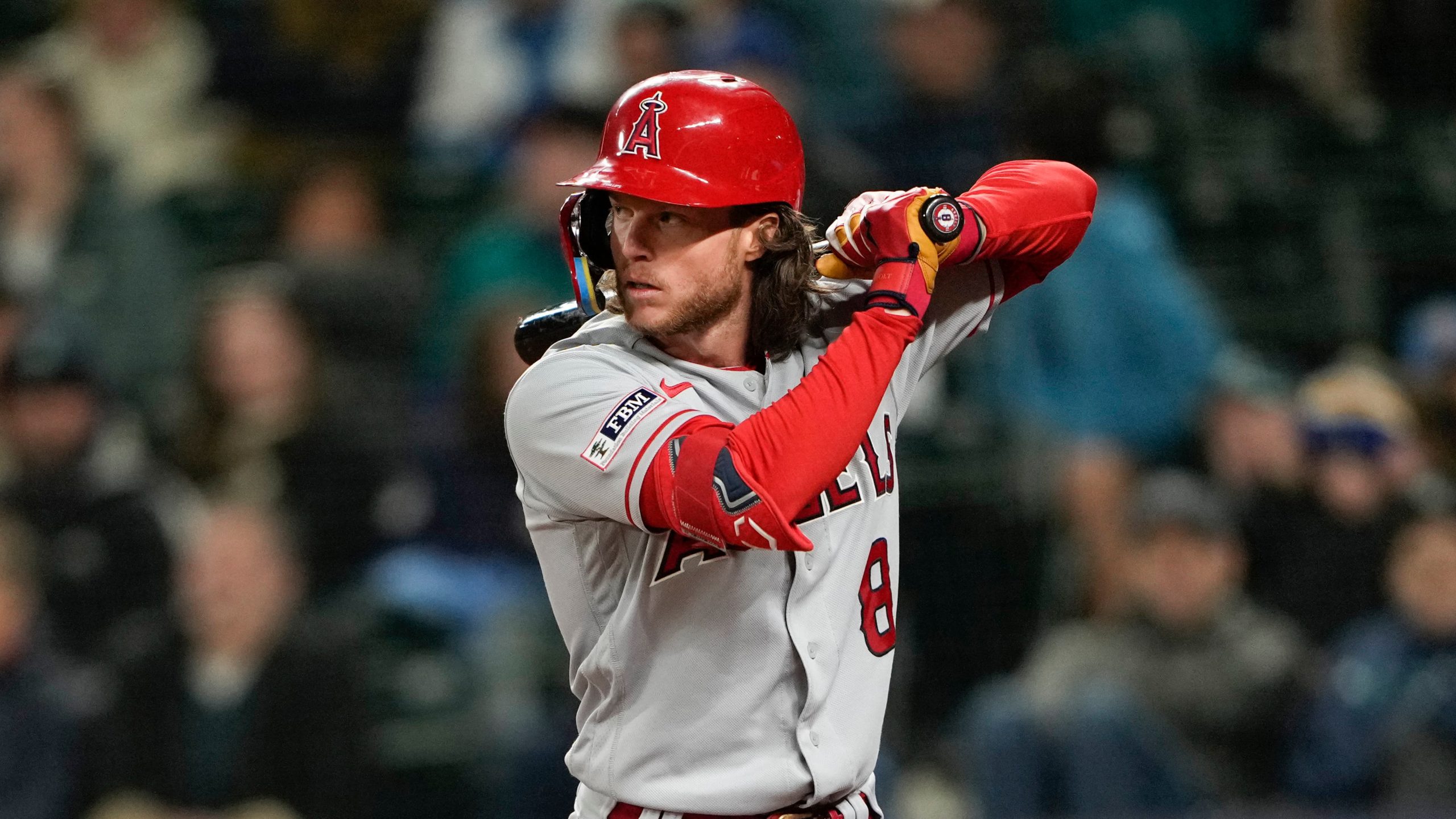 Los Angeles Angels' Brett Phillips waits for a pitch against the Seattle Mariners in a baseball game Tuesday, April 4, 2023, in Seattle. (AP Photo/Lindsey Wasson)
