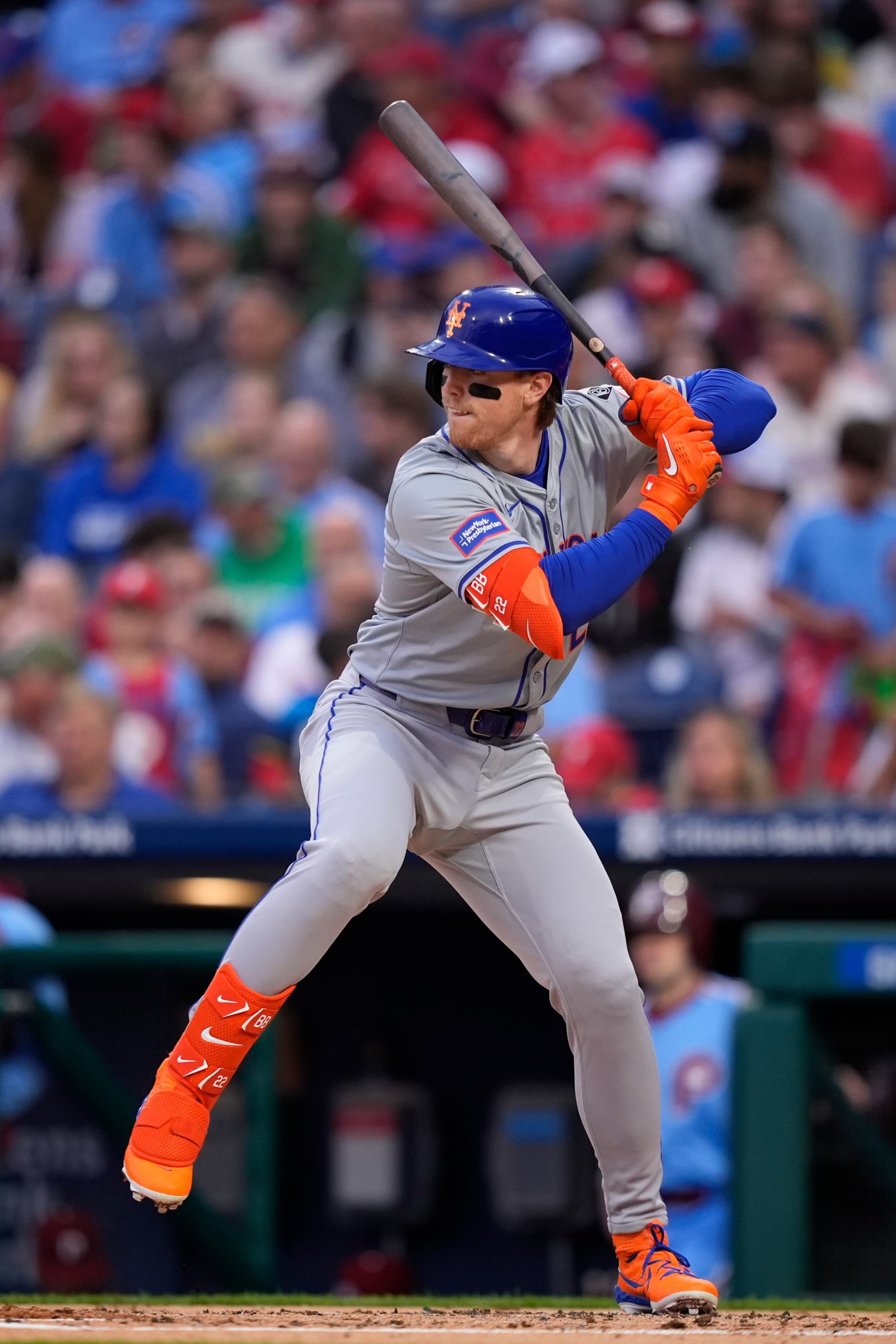 New York Mets' Brett Baty plays during a baseball game, Thursday, May 16, 2024, in Philadelphia.