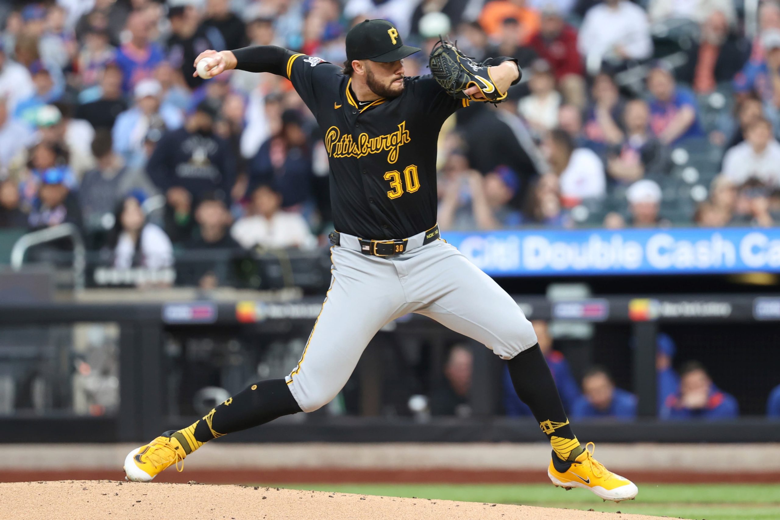 Pittsburgh Pirates' Paul Skenes pitches during the first inning of a baseball game against the New York Mets, Monday, May 12, 2025, in New York.