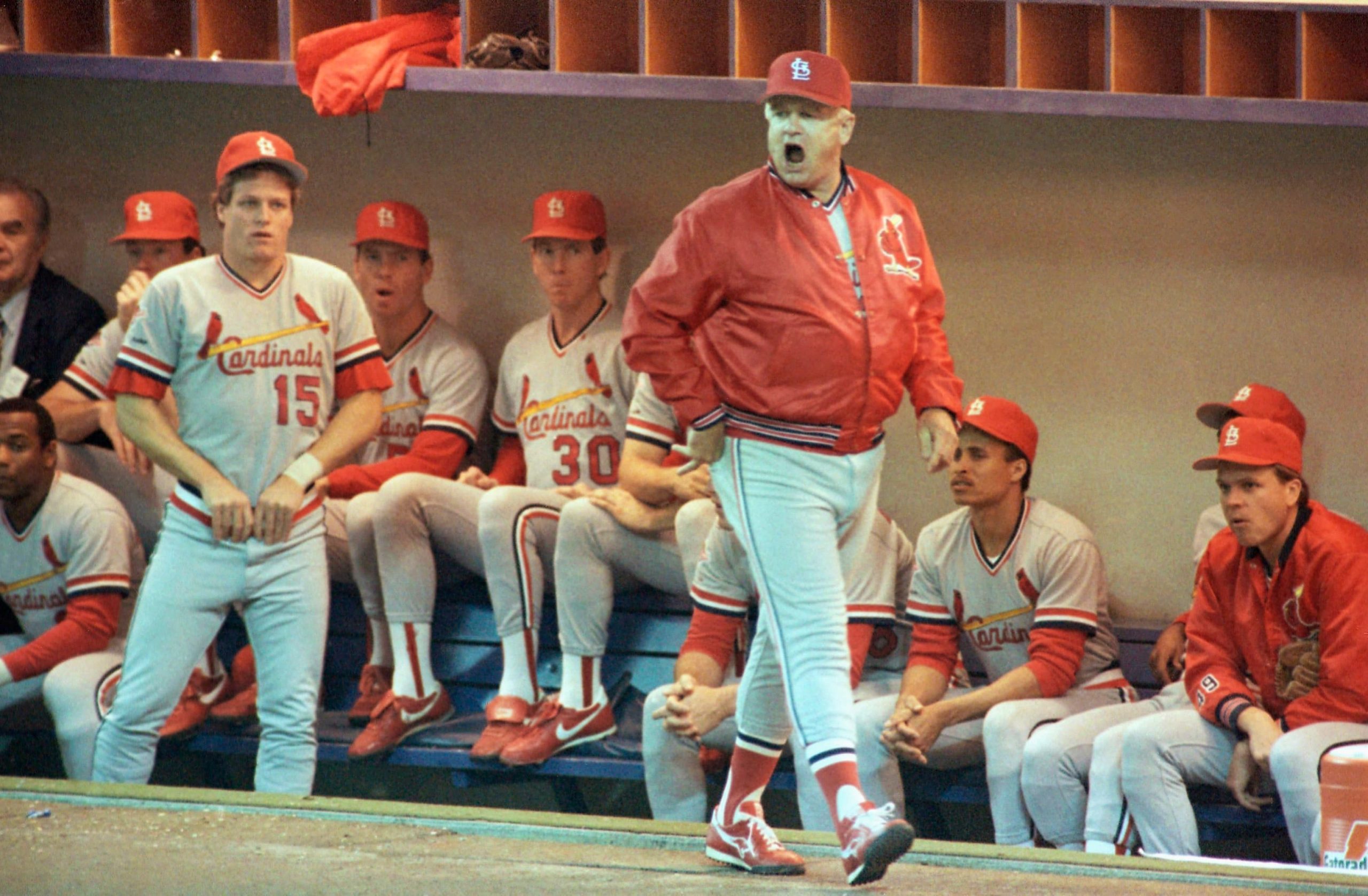 St. Louis Cardinals manager Whitey Herzog yells his displeasure to the umpire during Game 2 of the World Series in Minneapolis, Oct. 18, 1987. Herzog was complaining about the delivery style of Minnesota Twins pitcher Bert Blyleven.
