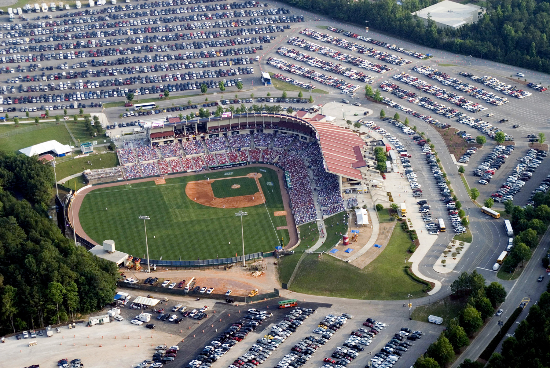 Aerial view of Hoover Met Stadium in Hoover, Alabama, host of the 2025 SEC Tournament
