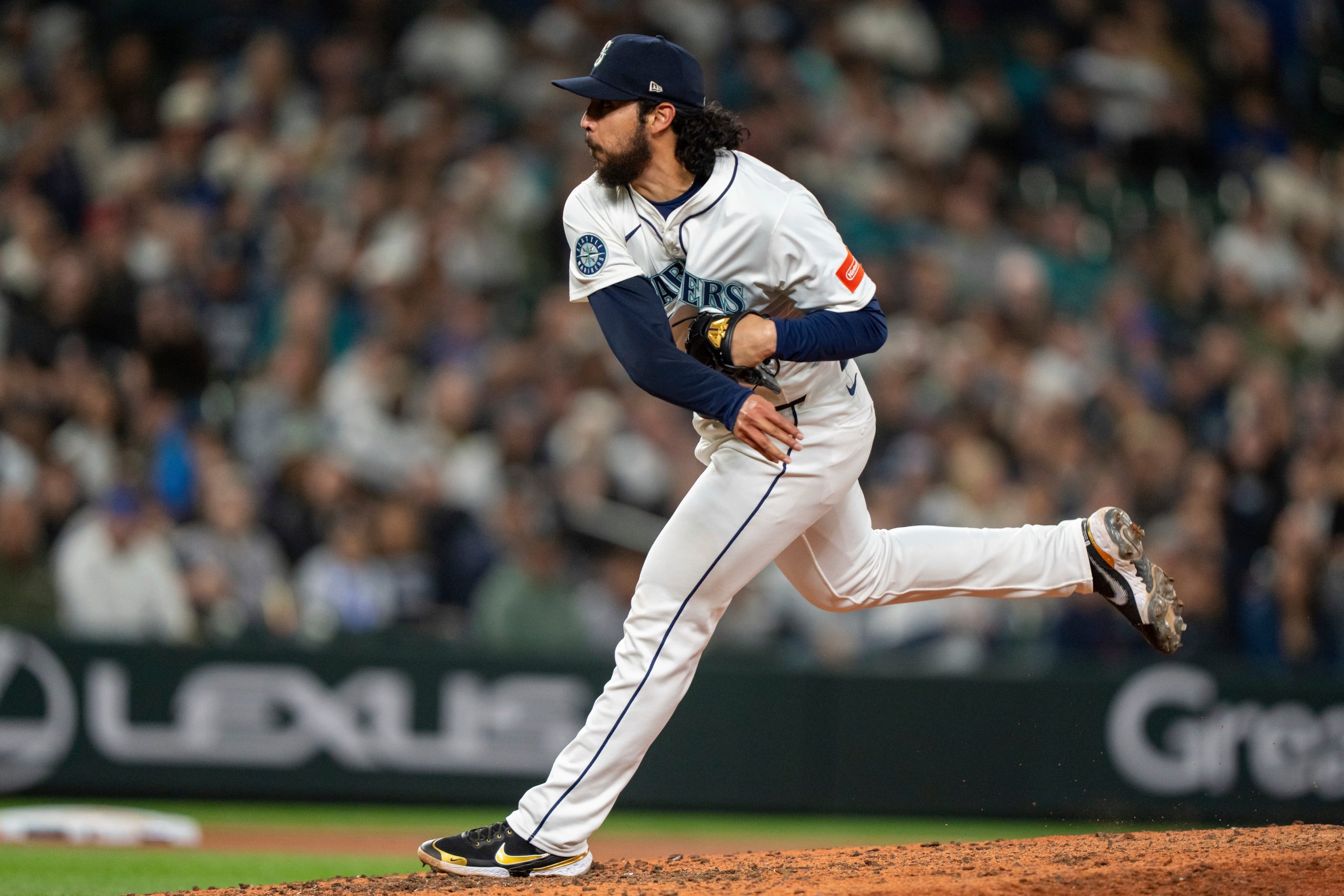 Seattle Mariners reliever Andres Munoz delivers a pitch during the ninth inning of a baseball game against the New York Yankees, Tuesday, May 13, 2025, in Seattle.