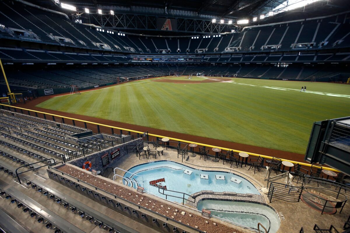 The Arizona Diamondbacks in an empty Chase Field during team practice Friday, July 3, 2020, in Phoenix.