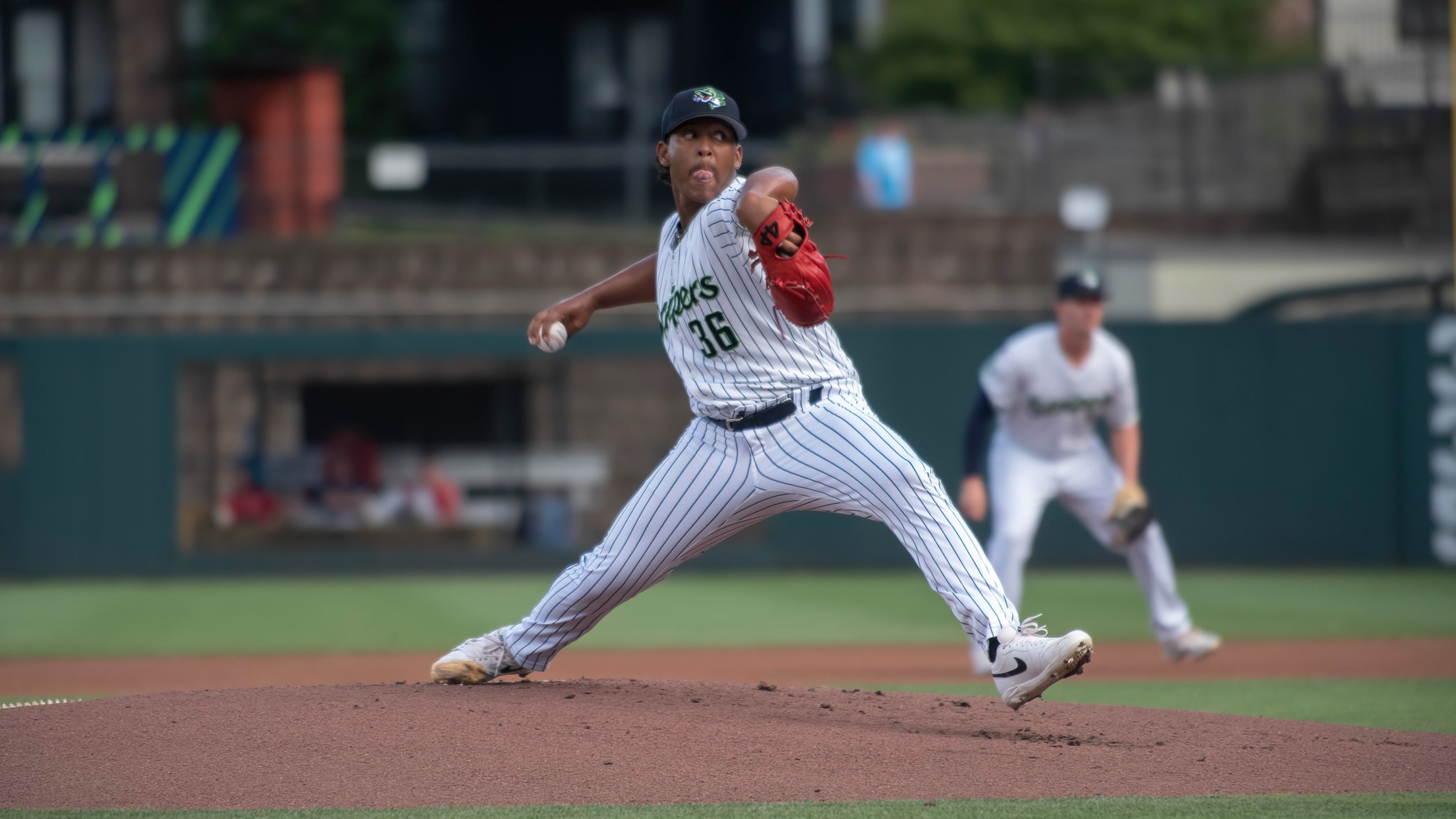 Stripers starting pitcher Didier Fuentes struck out six across 4.2 innings in Triple-A debut. (Bernie Connelly)