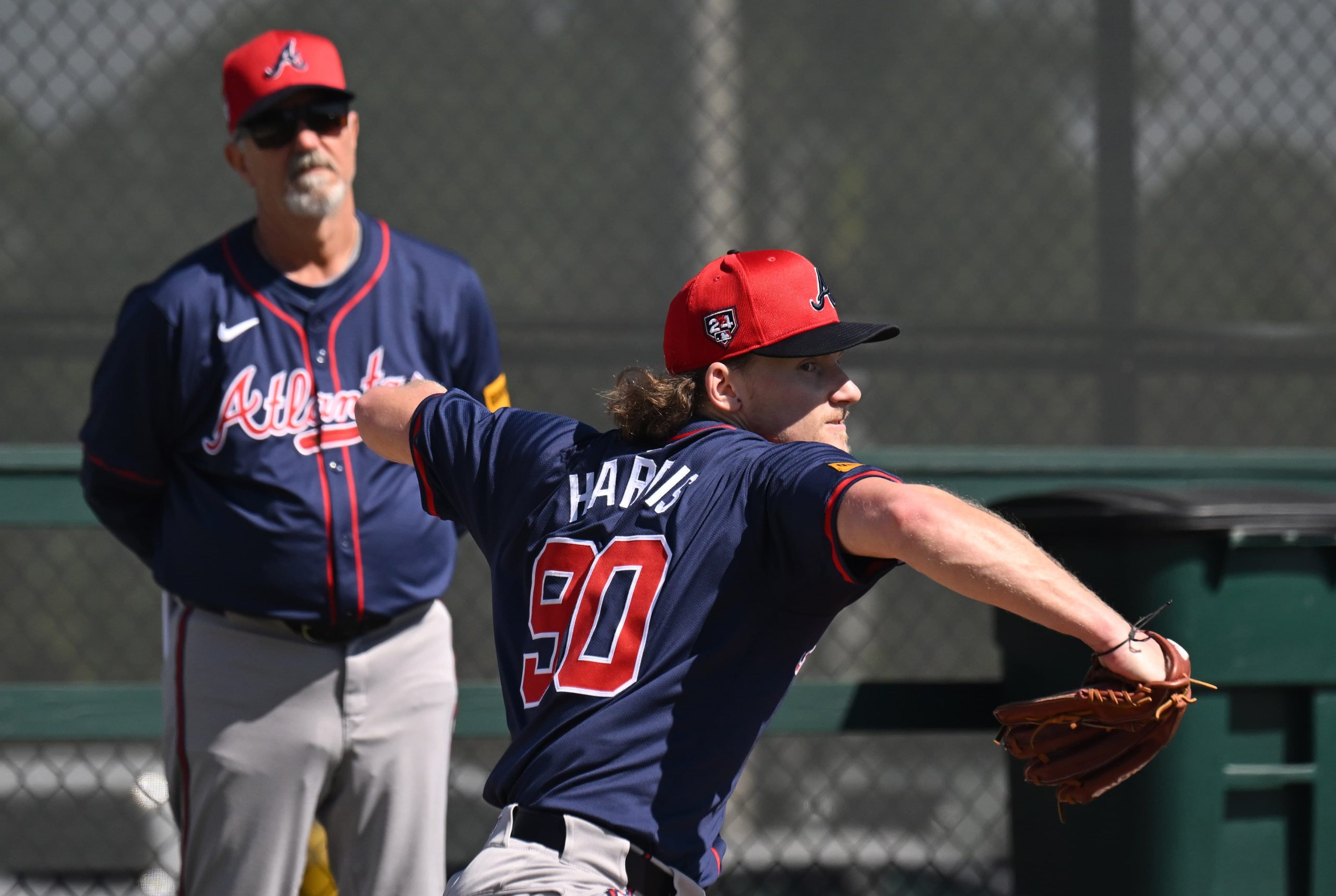 Braves pitcher Hayden Harris throws in the bullpen during spring training baseball workouts at CoolToday Park, Thursday, Feb., 15, 2024, in North Port, Florida. (Hyosub Shin)