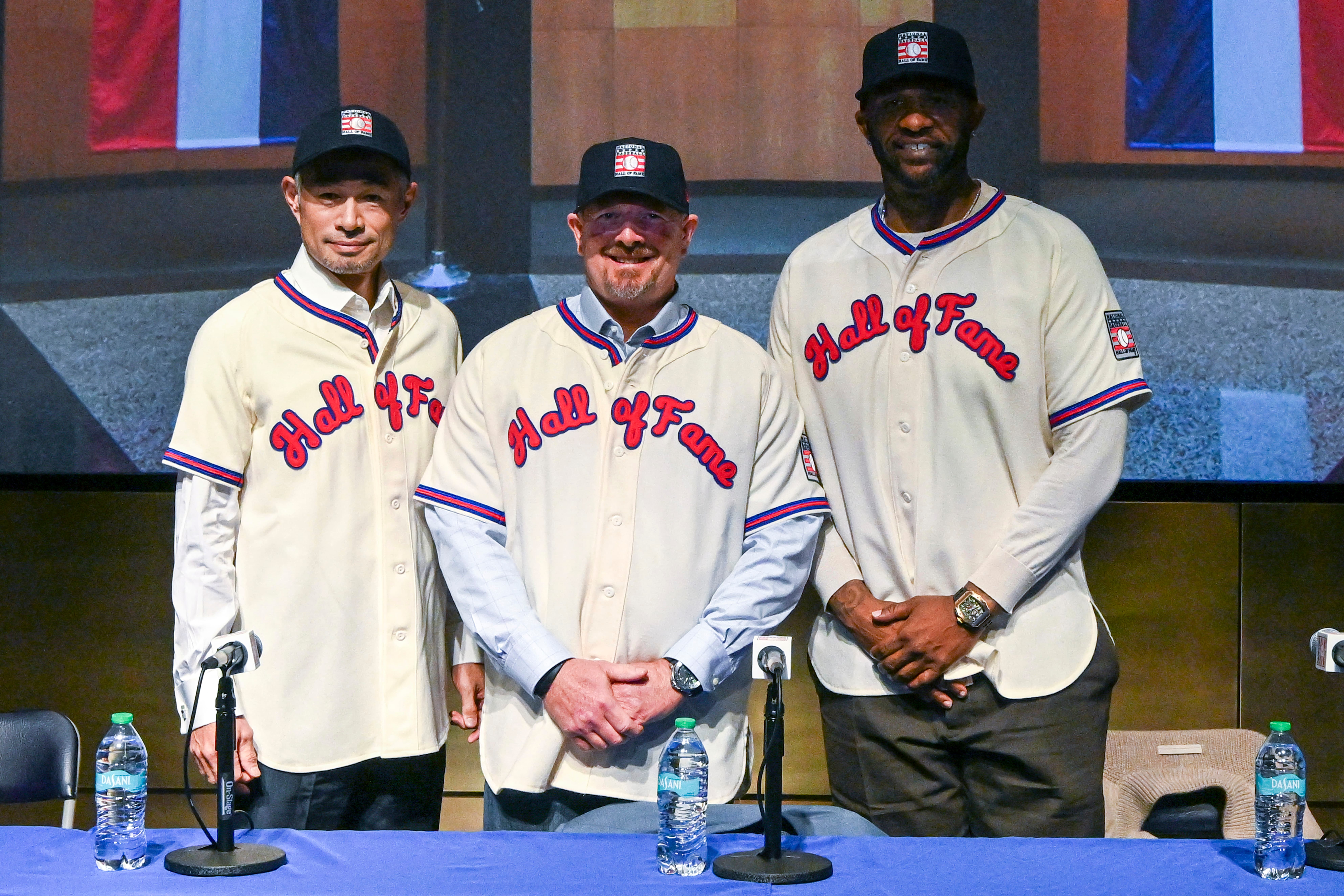 Newly elected Baseball Hall of Fame inductee Ichiro Suzuki, left, Billy Wagner, center, and CC Sabathia pose for photo during a news conference Thursday, Jan. 23, 2025, in Cooperstown, N.Y.