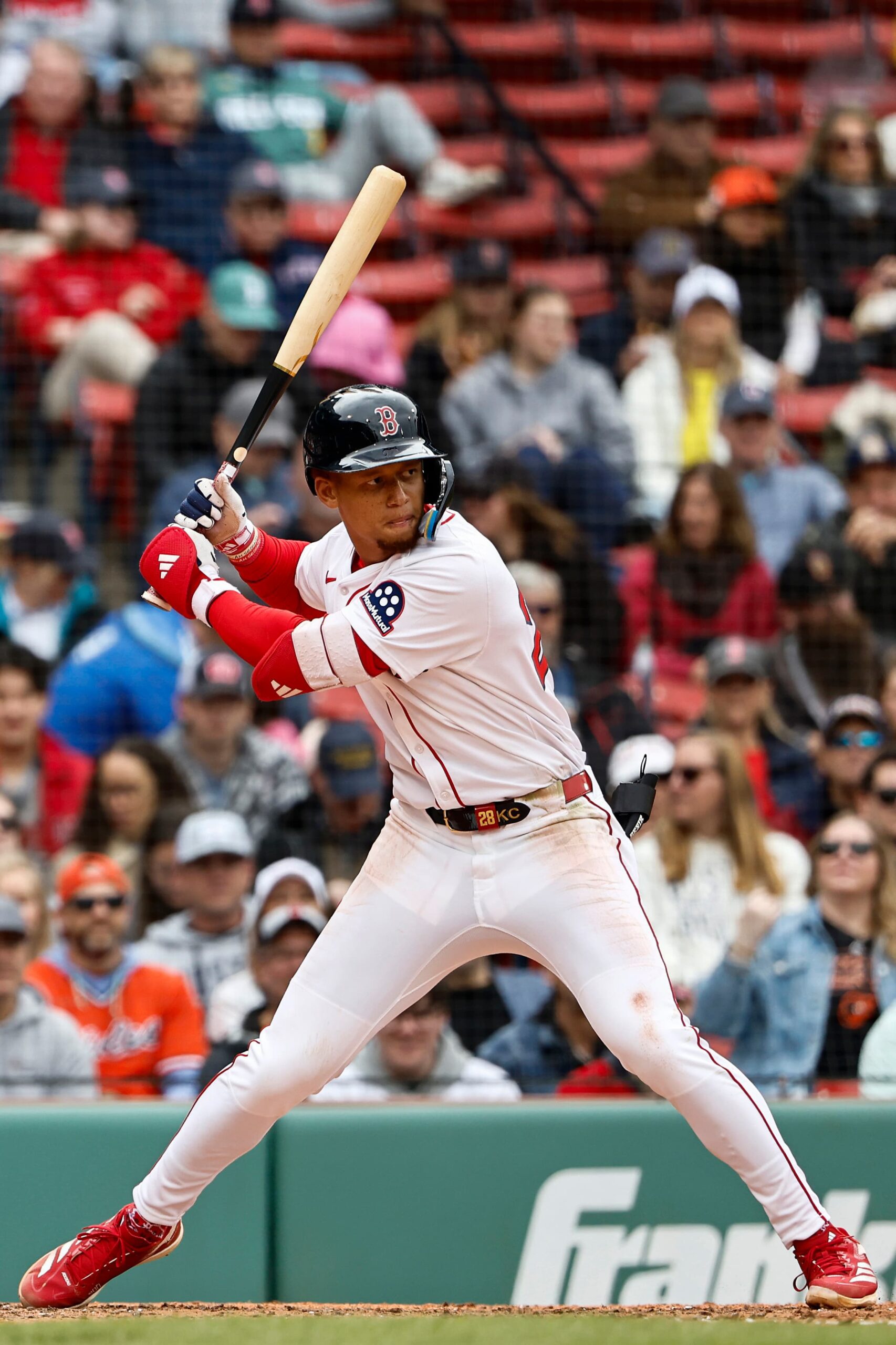 Boston Red Sox's Kristian Campbell at bat against the Baltimore Orioles during the first baseball game of a doubleheader Friday, May 23, 2025
