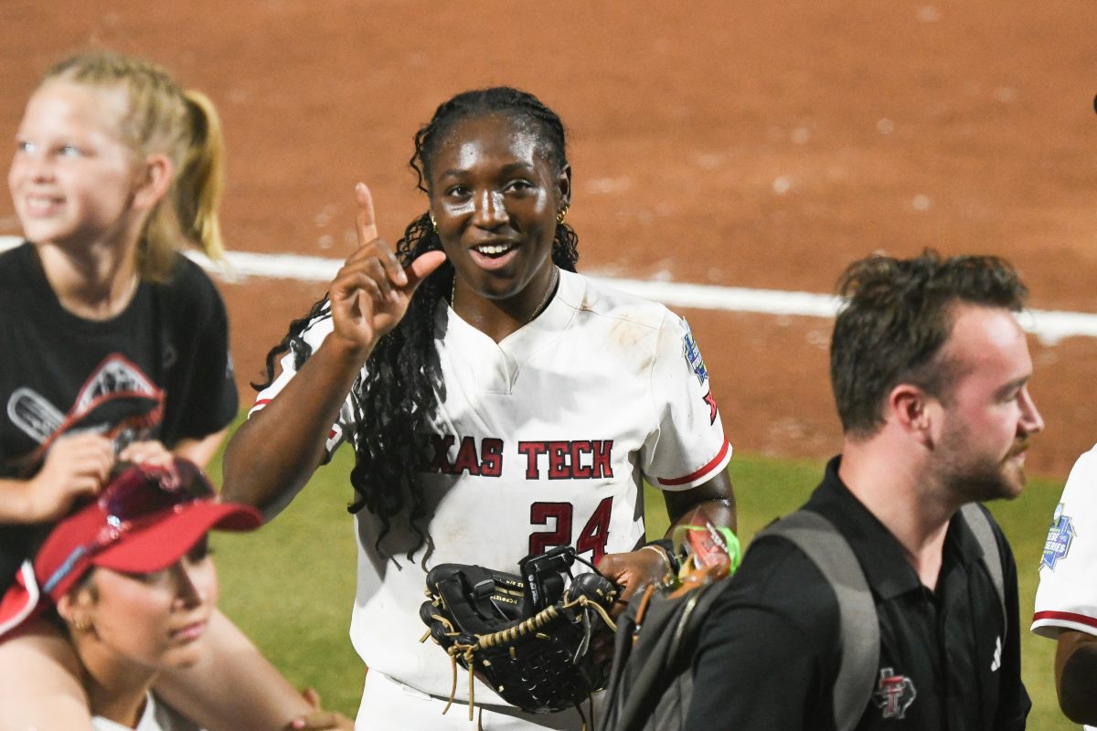 Texas Tech pitcher NiJaree Canady celebrates during the second game of the NCAA softball Women's College World Series finals against Texas in Oklahoma City, Thursday, June 5, 2025.