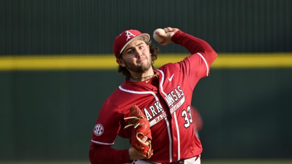 AP25047126463857 - Arkansas pitcher Zach Root - World Baseball Network Alabama infielder Jason Torres (32) during an NCAA baseball game against Presbyterian on Sunday, March 9, 2025