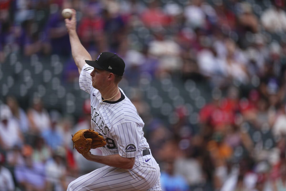Title: Cardinals Rockies Baseball Image ID: 25205134225263 Article: Colorado Rockies starting pitcher Tanner Gordon in the first inning of a baseball game Wednesday, July 23, 2025, in Denver. (AP Photo/David Zalubowski)