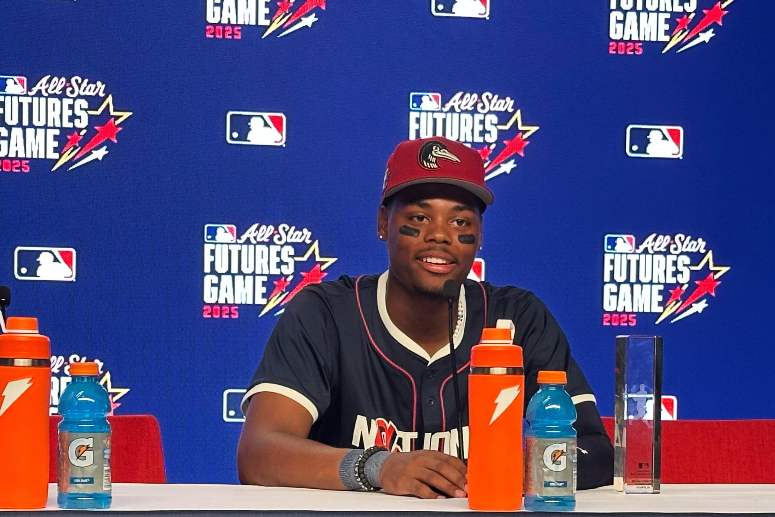 Title: Futures Game Baseball Image ID: 25193844865041 Article: Los Angeles Dodgers prospect Josue De Paula speaks during a news conference at Truist Park, Saturday, July, 12, 2025 in Atlanta. (AP Photo/Charles Odum)