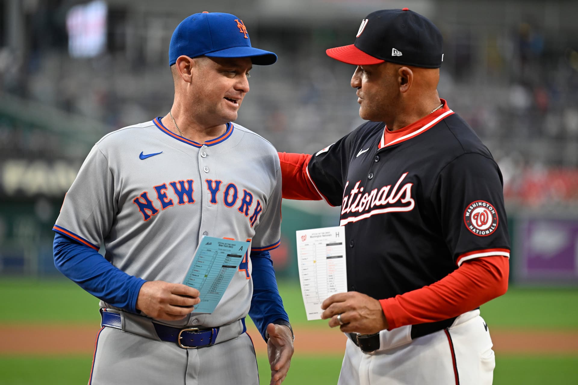 They are the first Venezuelan born managers to face each other in a major league baseball game. (AP Photo/John McDonnell)