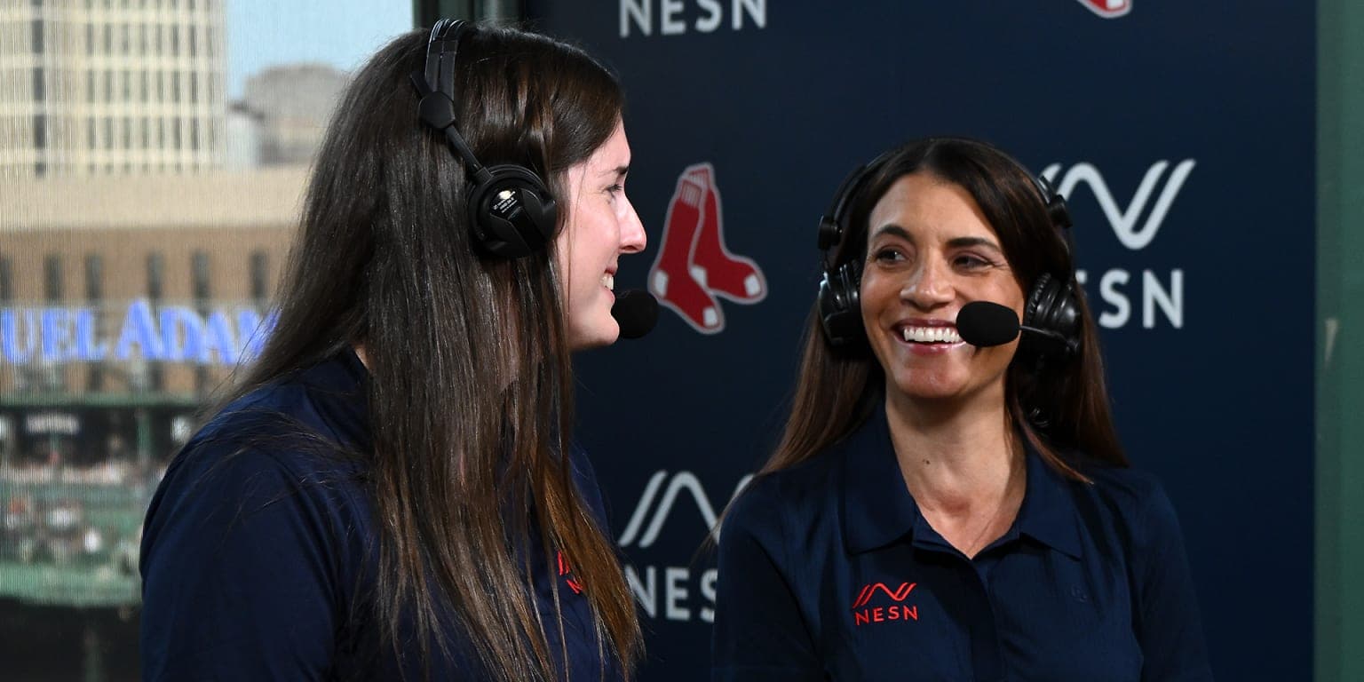 Emma Tiedemann and Alanna Rizzo wearing headsets in the NESN broadcast booth during historic all-female Red Sox game coverage