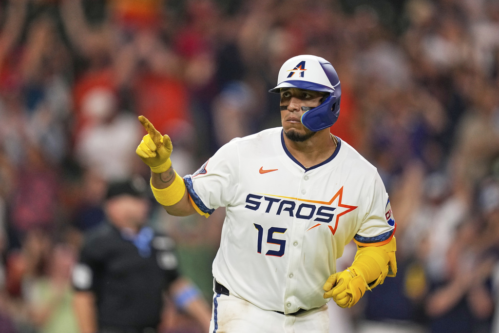 Title: Guardians Astros Baseball Image ID: 25189064236887 Article: Houston Astros' Isaac Paredes celebrates after hitting a home run against the Cleveland Guardians during the fifth inning of a baseball game Monday, July 7, 2025, in Houston. (AP Photo/David J. Phillip)