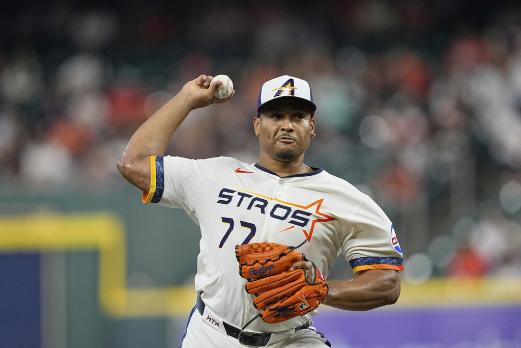 Title: Angels Astros Baseball Image ID: 25244658634684 Article: Houston Astros starting pitcher Luis Garcia throws against the Los Angeles Angels during the first inning of a baseball game Monday, Sept. 1, 2025, in Houston. (AP Photo/David J. Phillip)