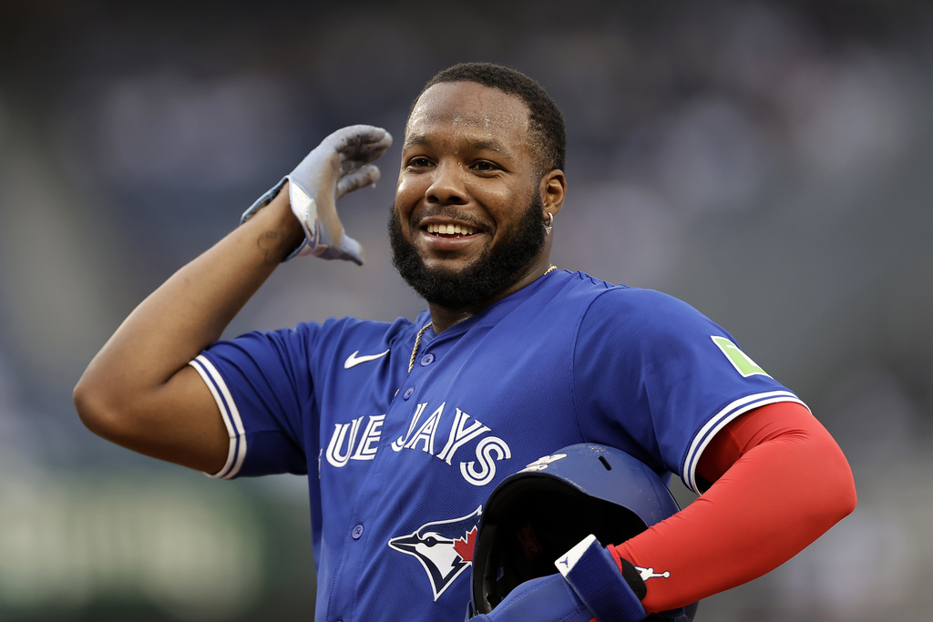 Title: Blue Jays Yankees Baseball Image ID: 25249795476662 Article: Toronto Blue Jays' Vladimir Guerrero Jr. reacts during the seventh inning of a baseball game against the New York Yankees, Saturday, Sept. 6, 2025, in New York. (AP Photo/Adam Hunger)