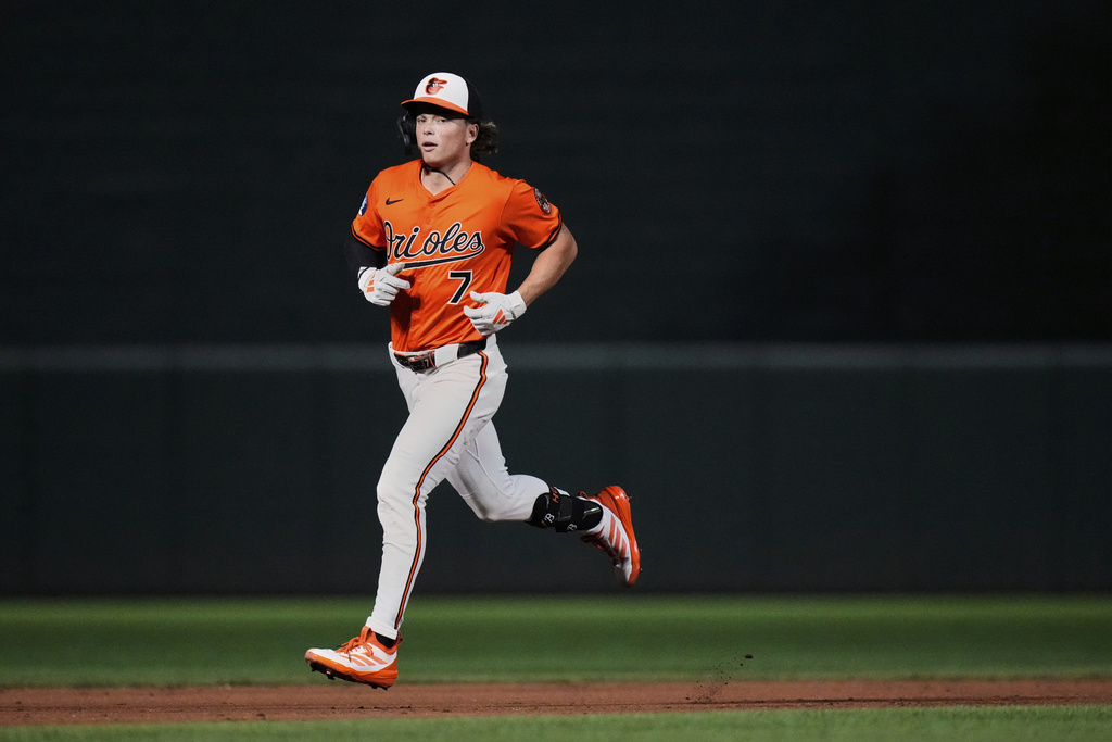 Title: Dodgers Orioles Baseball Image ID: 25250091343549 Article: Baltimore Orioles' Jackson Holliday (7) rounds the bases after hitting a home run during the ninth inning of a baseball game against the Los Angeles Dodgers, Saturday, Sept. 6, 2025, in Baltimore. (AP Photo/Stephanie Scarbrough)