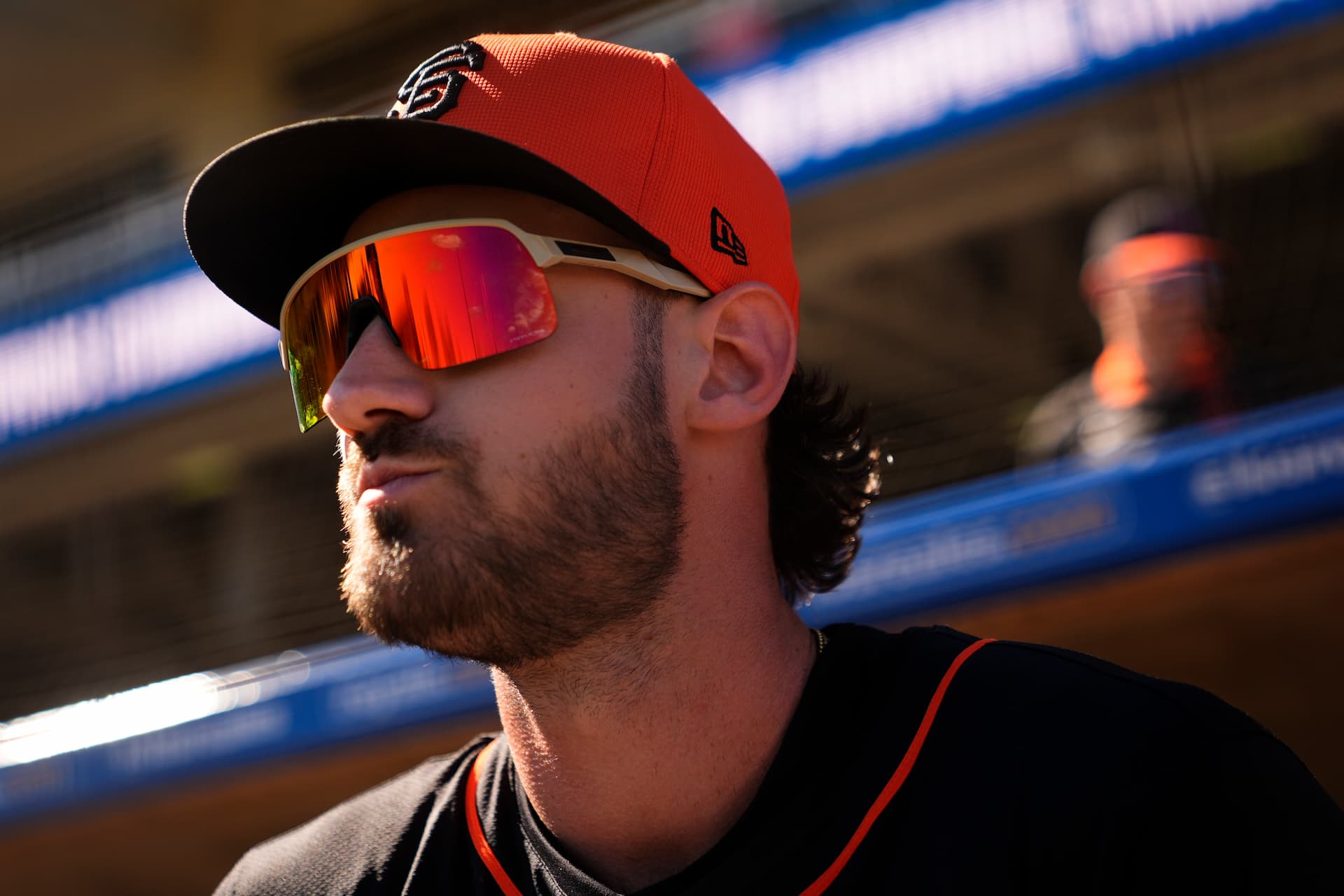 San Francisco Giants' Bryce Eldridge looks on from the dugout during a spring training baseball game Saturday, Feb. 22, 2025
