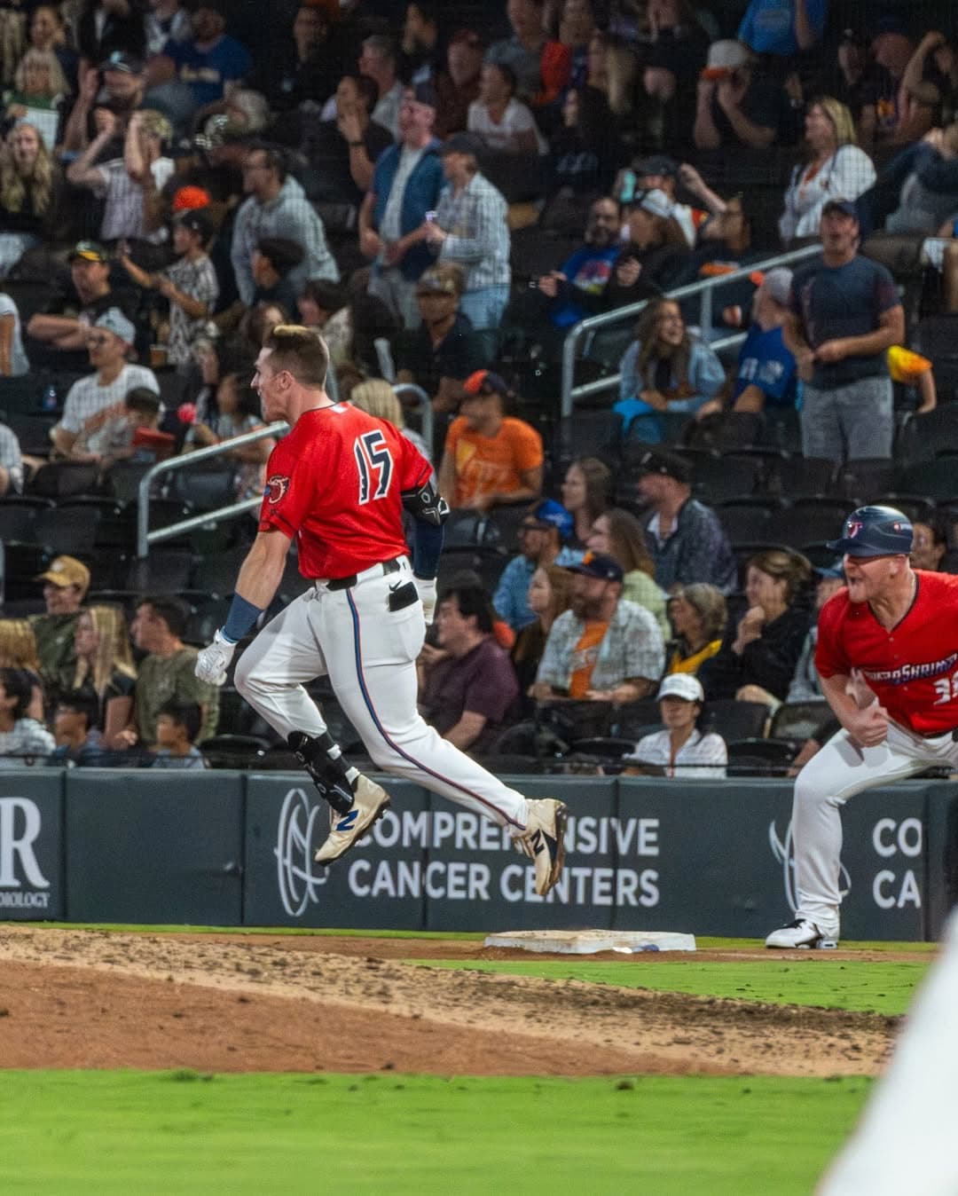 Jacob Berry jumps past first base after blasting his walk-off home run to win the 2025 Triple-A National Championship for Jacksonville.