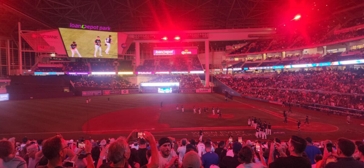 Miami Marlins fans at loanDepot Park celebrate the defeat of the Ne York Mets on Friday, September 26