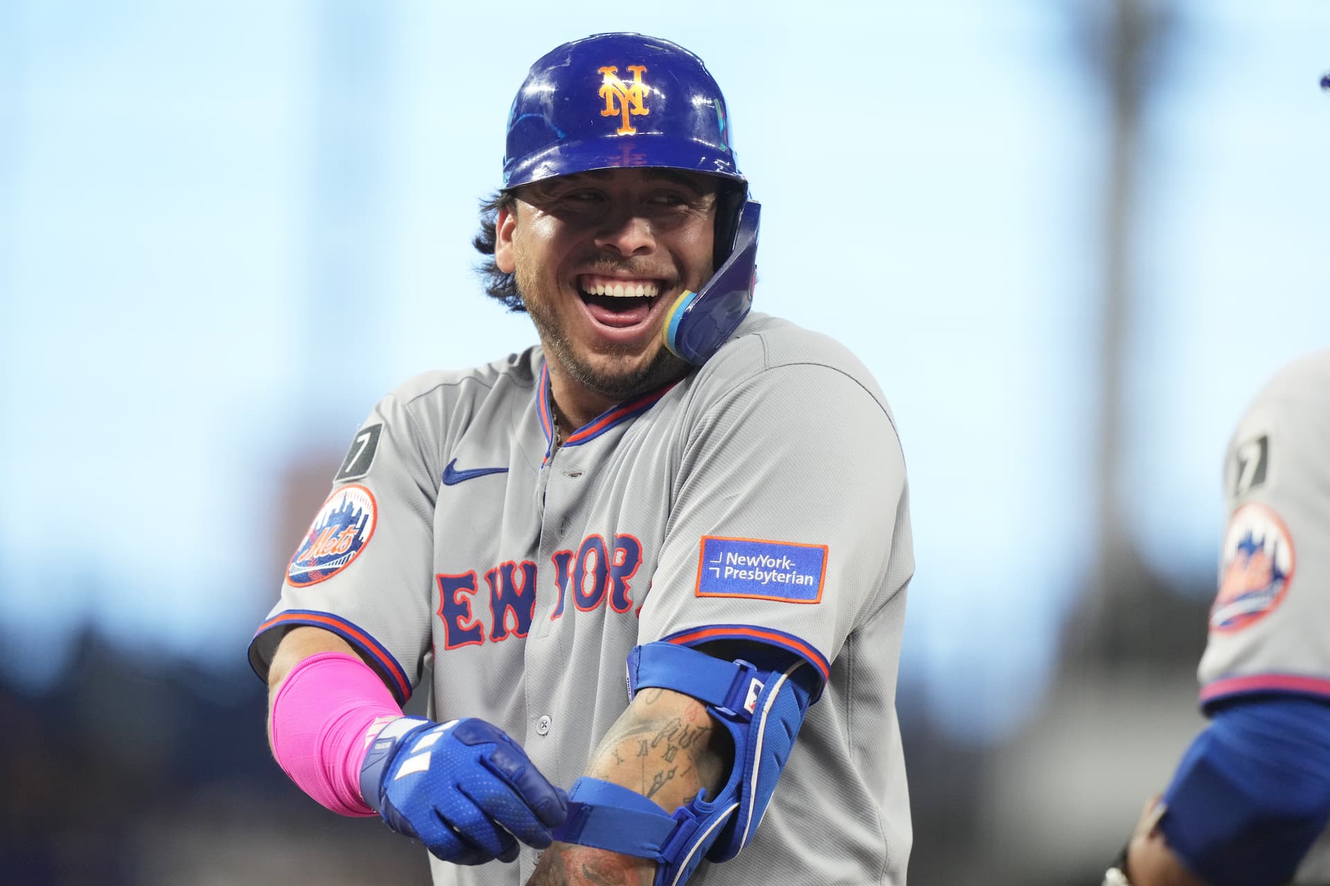 New York Mets' Francisco Alvarez reacts after hitting a single during the ninth inning of a baseball game against the Miami Marlins, Saturday, Sept. 27, 2025, in Miami. (AP Photo/Lynne Sladky)