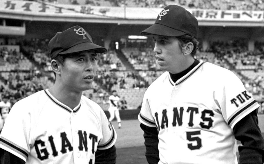 Yomiuri Giants legend Sadaharu Oh meets newly arrived teammate Davey Johnson right the longtime Orioles star and first foreign player in club historry - World Baseball Network Tokyo, April 26, 1975 — Yomiuri Giants legend Sadaharu Oh meets newly arrived teammate Davey Johnson, right, the longtime Orioles star and first foreign player in club history. Photo courtesy of Stars and Stripes.Source Stars and Stripes