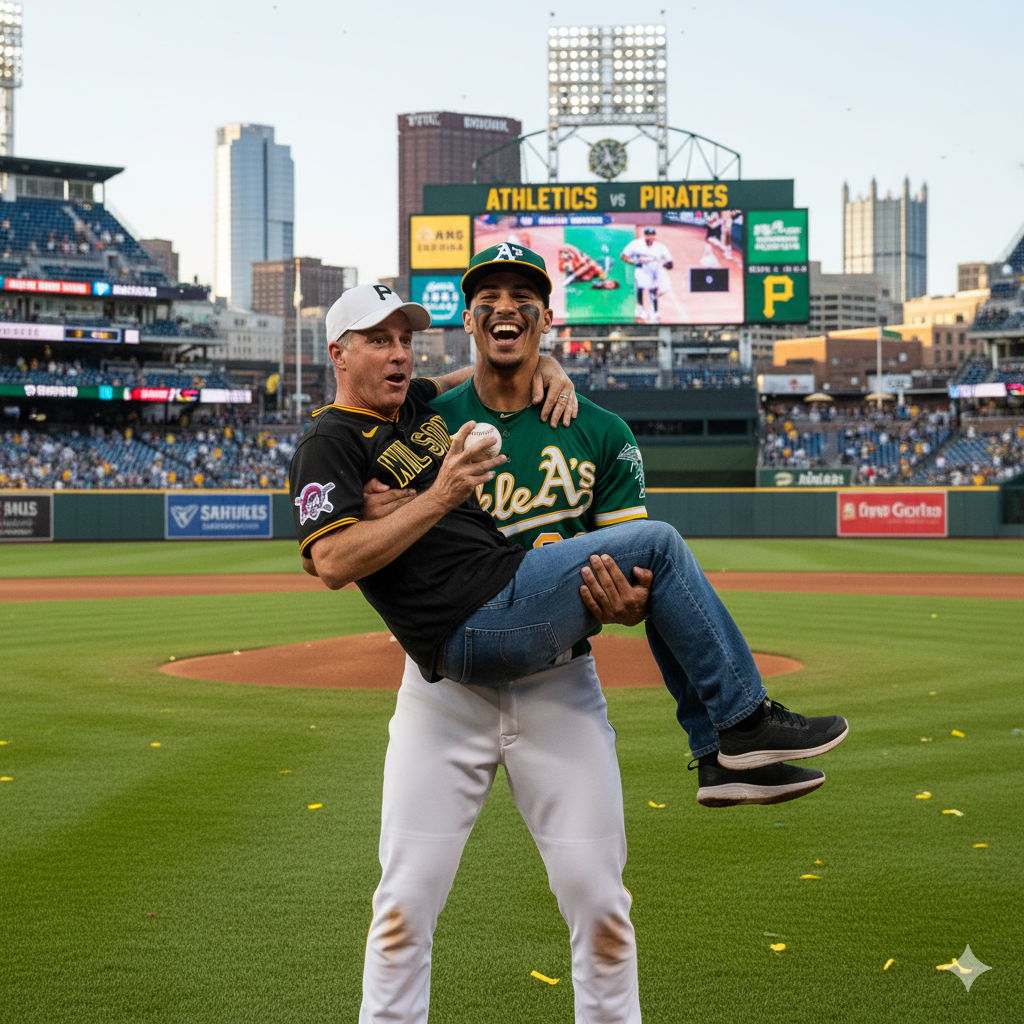 WorldBaseball.com had #nanobanana recreate what it would be like if #JacobWilson picked up his dad #JackWilson after ceremonial first pitch. #DadMoment #GoogleAi