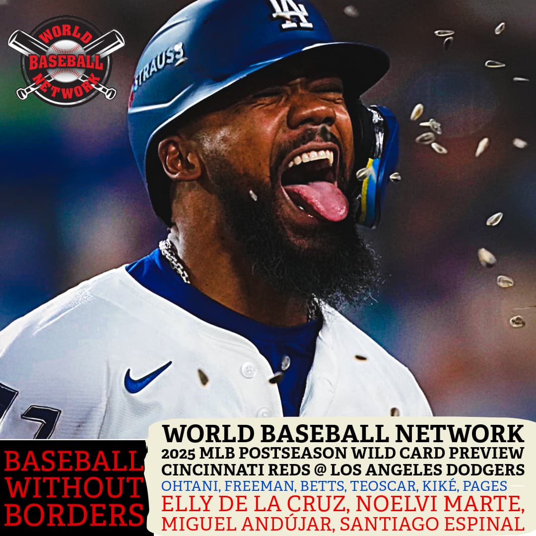 World Baseball Network previews the Dodgers–Reds Wild Card clash through an international lens. Los Angeles leans on Shohei Ohtani (Japan), Teoscar Hernández (Dominican Republic), Kiké Hernández (Puerto Rico), Andy Pages (Cuba), Freddie Freeman (Canada), and Mookie Betts (USA, WBC ’23). Cincinnati counters with Elly De La Cruz, Noelvi Marte, Miguel Andújar, and Santiago Espinal — all from the Dominican Republic. Baseball Without Borders: October belongs to those tested beyond borders.
