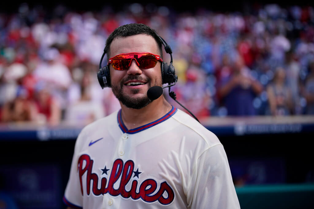 Philadelphia Phillies' Kyle Schwarber smiles after the first baseball game in a doubleheader, Saturday, July 15, 2023, in Philadelphia. (AP Photo/Matt Slocum)