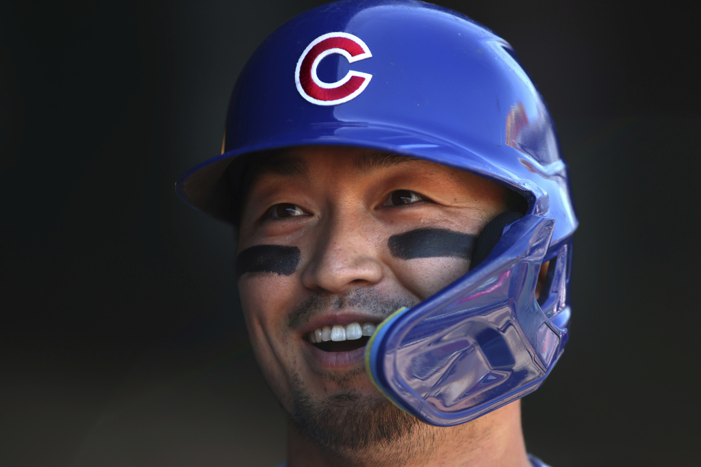 Title: Cubs Athletics Baseball Image ID: 25092739124836 Article: Chicago Cubs' Seiya Suzuki (27) smiles in the dugout after hitting a three-run home run during the second inning inning of a baseball game against the Athletics, Wednesday, April 2, 2025, in West Sacramento, Calif. (AP Photo/Scott Marshall)