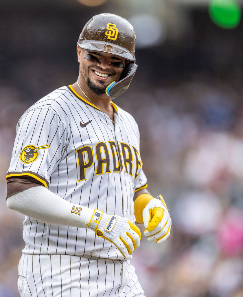 San Diego Padres' Martín Maldonado reacts after earning a walk at bat in the third inning of a baseball game against the Kansas City Royals, Saturday, June 21, 2025, in San Diego. (AP Photo/Tony Ding)