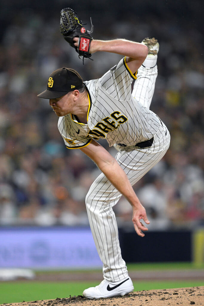 San Diego Padres starting pitcher Nick Pivetta works against a San Francisco Giants batter during the fifth inning of a baseball game Tuesday, Aug. 19, 2025, in San Diego. (AP Photo/Orlando Ramirez)