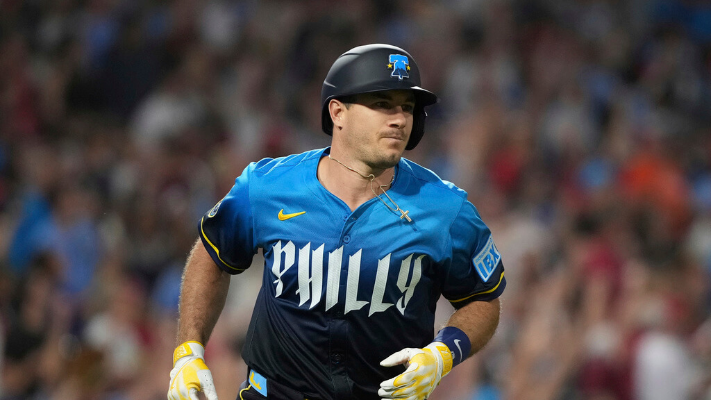 Philadelphia Phillies' J.T. Realmuto plays during a baseball game Friday, Aug. 22, 2025, in Philadelphia. (AP Photo/Matt Slocum)