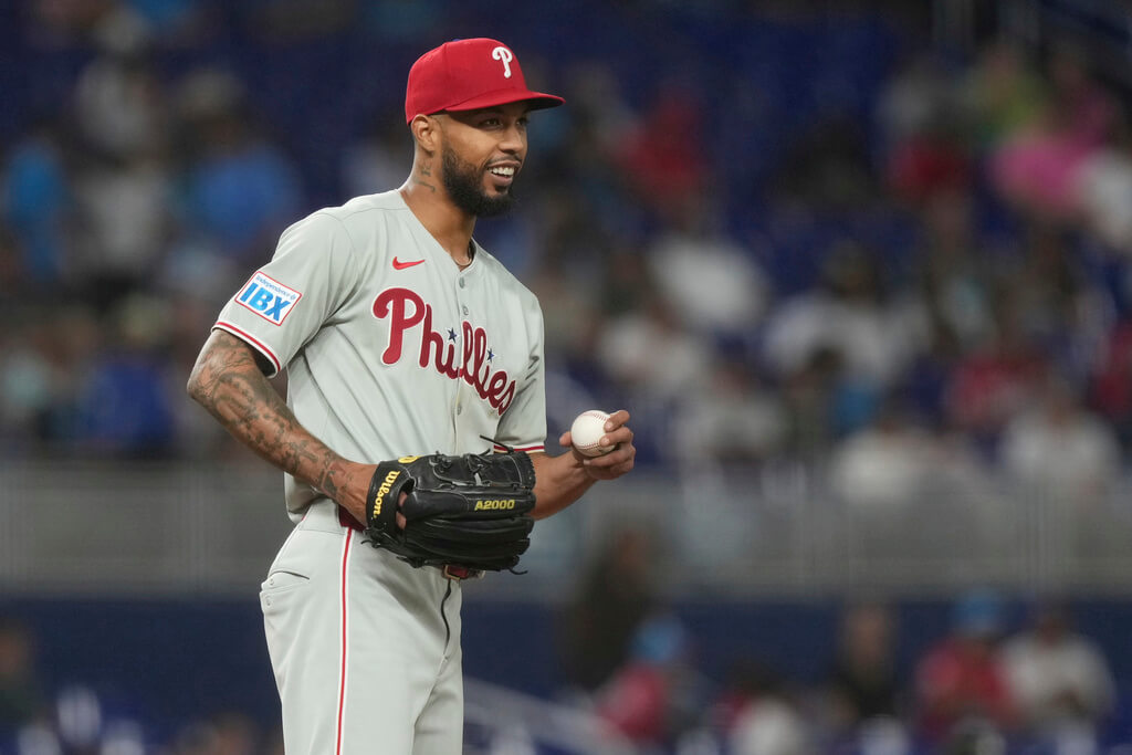 Philadelphia Phillies pitcher Cristopher Sánchez smiles on the mound during a baseball game against the Miami Marlins Friday, Sept. 5, 2025, in Miami. (AP Photo/Marta Lavandier)