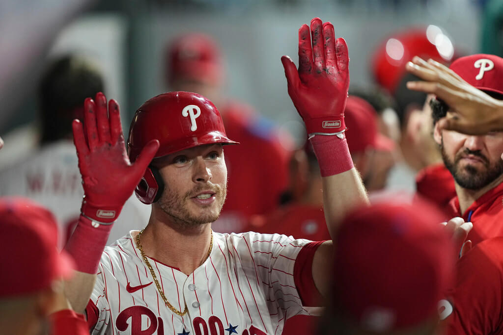 Philadelphia Phillies' Max Kepler celebrates after hitting a home run off of New York Mets pitcher Ryan Helsley during the eighth inning of a baseball game, Wednesday, Sept. 10, 2025, in Philadelphia. (AP Photo/Matt Rourke)