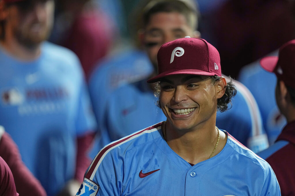 Philadelphia Phillies pitcher Jesús Luzardo celebrates after completing the eighth inning of a baseball game against the New York Mets, Thursday, Sept. 11, 2025, in Philadelphia. (AP Photo/Matt Rourke)