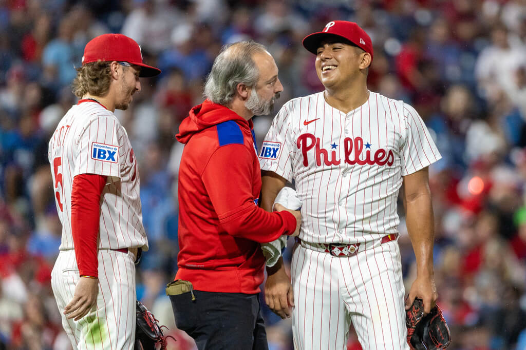 Philadelphia Phillies' J.T. Realmuto plays during a baseball game Friday, Aug. 22, 2025, in Philadelphia. (AP Photo/Matt Slocum)