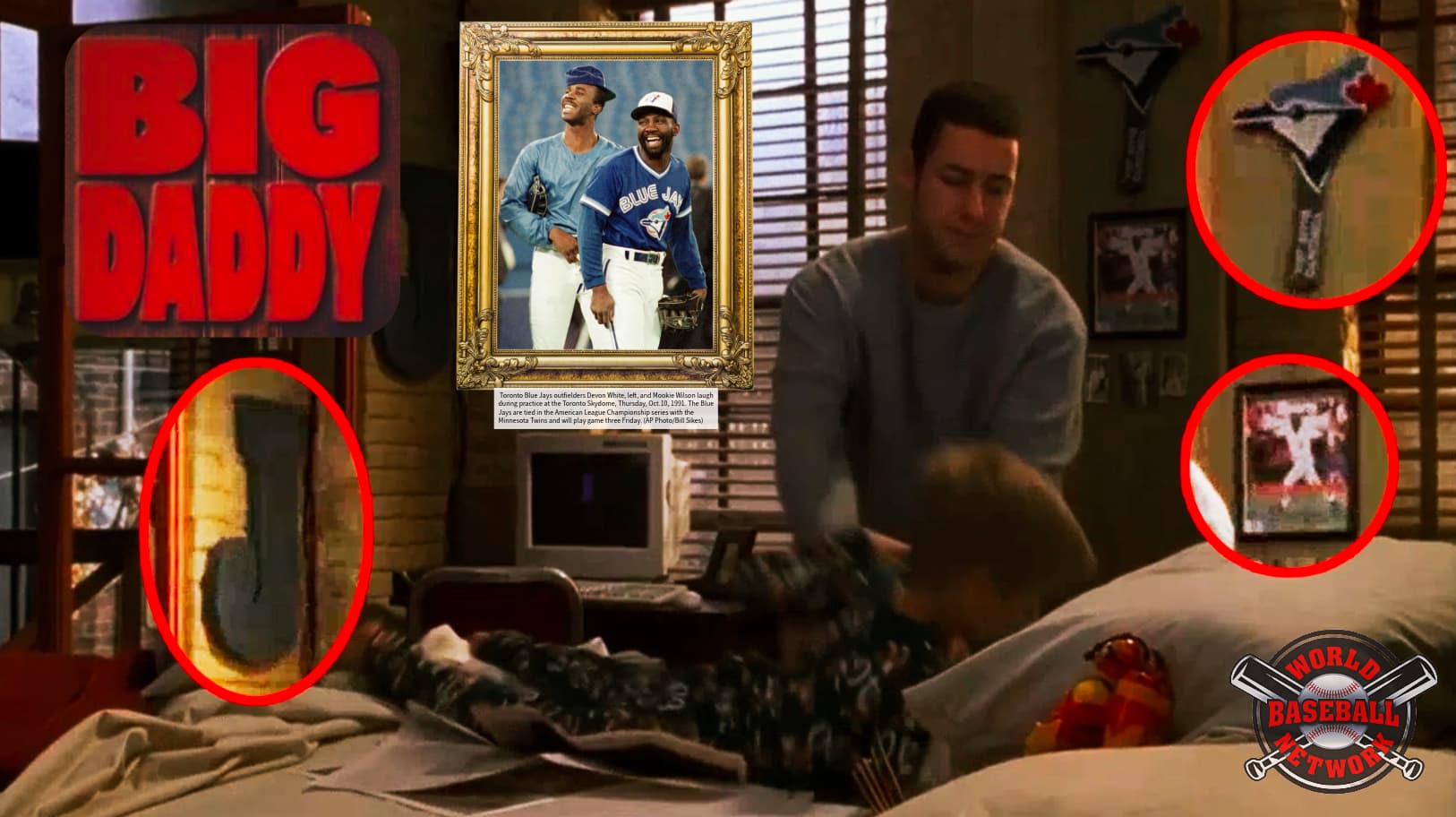 Adam Sandler and child actor Cole Sprouse in Big Daddy with hidden Toronto Blue Jays memorabilia on the wall, including Joe Carter photos and a foam J logo.