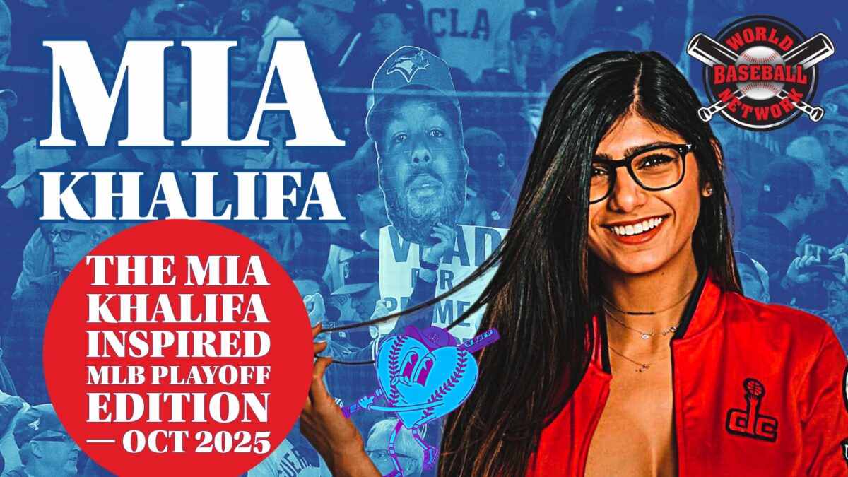Mia Khalifa smiling in a red jacket beside Blue Jays fans holding a Vladdy sign, promoting the $2 MLB Playoff Parlay for October 2025 by World Baseball Network.