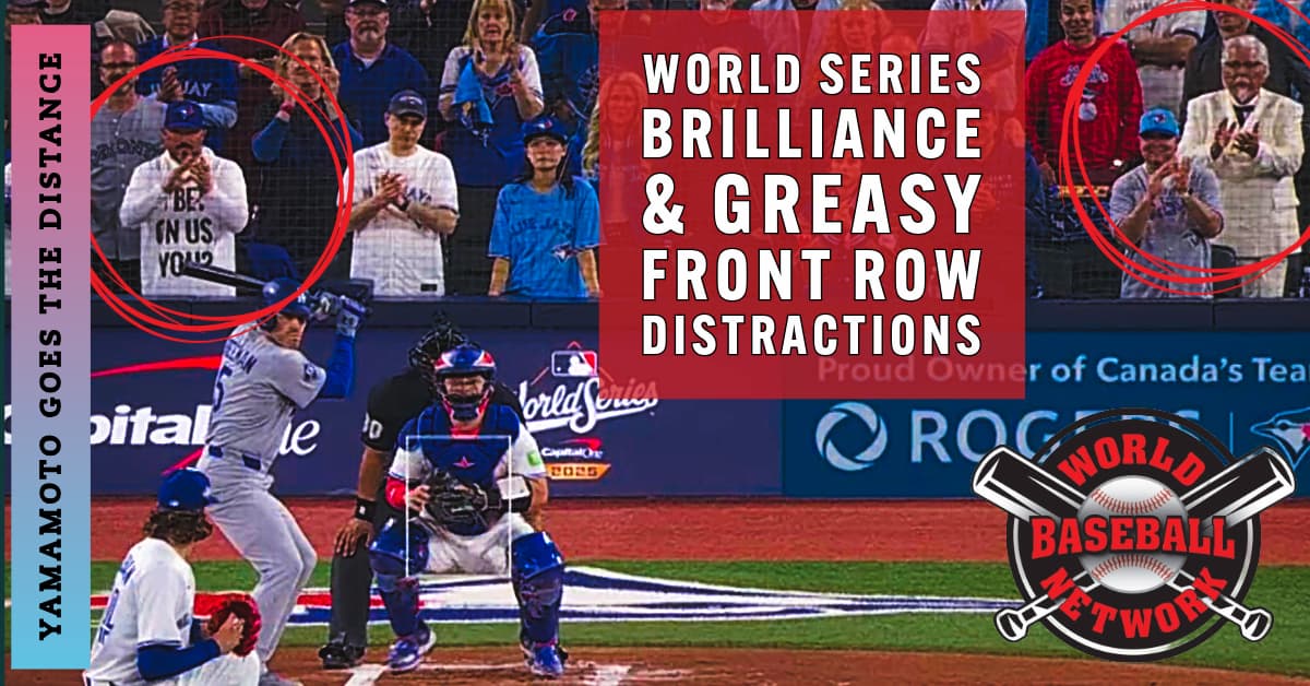 World Series Brilliance and Greasy Front-Row Marketing Distractions - World Baseball Network Yoshinobu Yamamoto pitching in the World Series as two viral fans sit behind home plate — one in a white “I BET ON US — YOU?” shirt and another dressed as Colonel Sanders — symbolizing the clash of great baseball and greasy marketing distractions.
